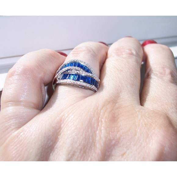 925 STERLING SILVER Blue Spinel & Cubic Zirconia Crossover Ring - Picture 4 of 15